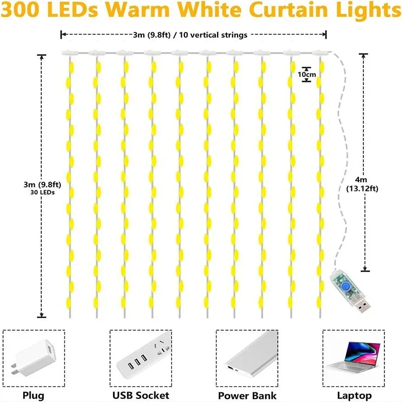 3M LED Curtain String Lights Fairy Decoration